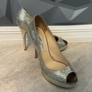 Jimmy Choo Silver Metallic Open Toe Pump | 5 inch heel | Glamour + Elegance